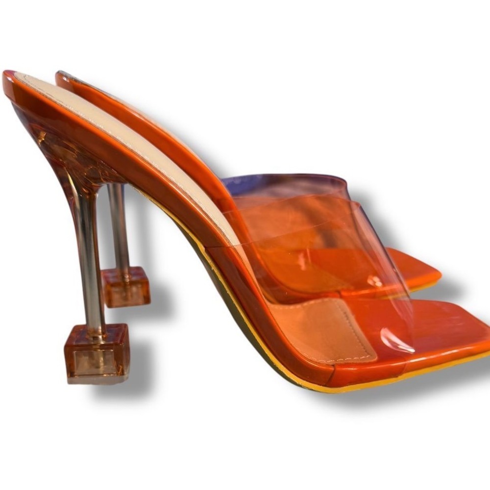 NIB Orange Heels Clear Strap Square Toe Lucite Heel Mules Slide Sz 7 38 BOUTIQUE